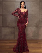 Mermaid Prom Dress with Beadings - Charming Cabernet Long Sleeves
